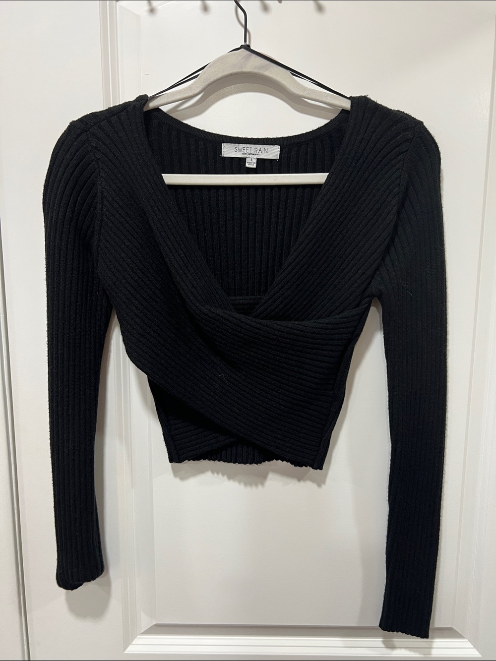 Sweet Rain Black Ribbed Wrap-Front Crop Top